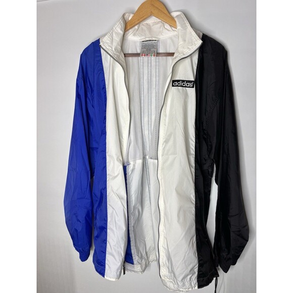 Adidas Windbreaker Jacket Mens M Colorblock White Blue Black Hooded Full Zip - Picture 7 of 16